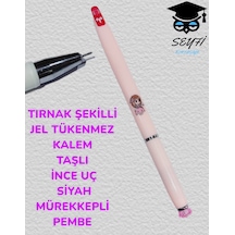 Tırnak Şekilli Jel Tükenmez Kalem Taşlı İnc Uç Siyah Mürekkepli Pembe