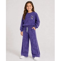 Rony Pony Kids Kız Çocuk Mor Yıkama Efektli Çiçek Nakışlı Omuz Biyeli Sweatshirt Ve Palazzo Eşofman Takımı