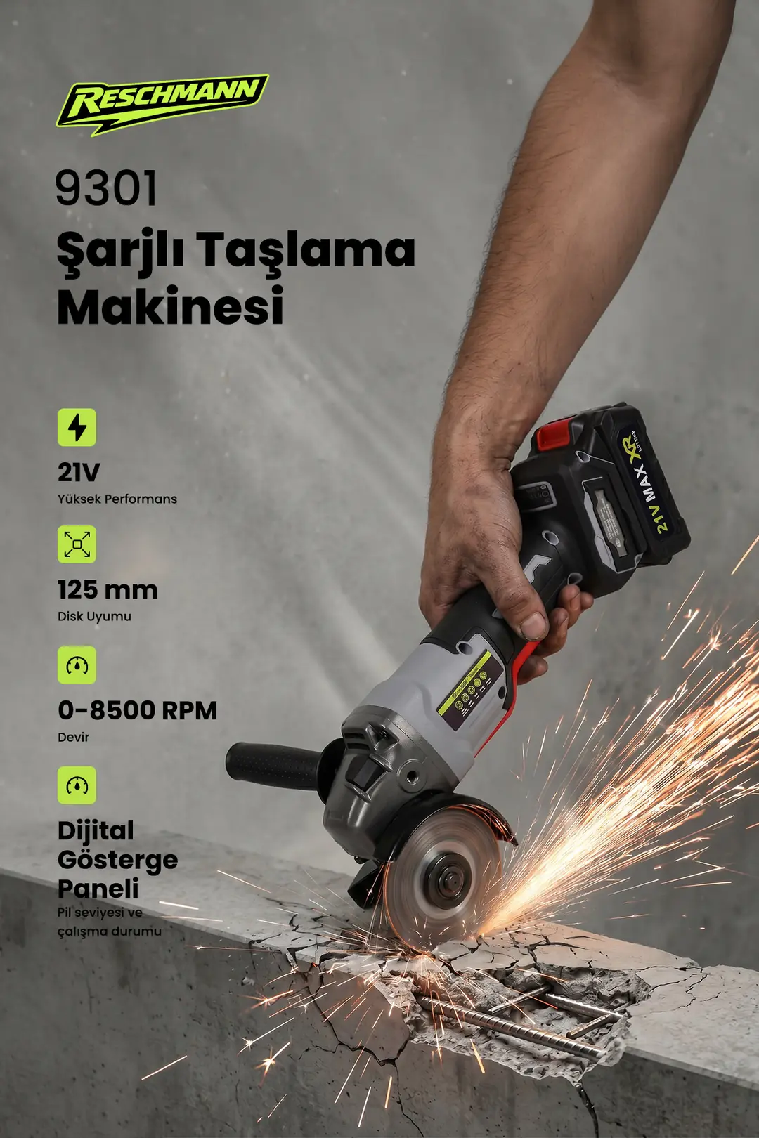 Reschmann R-9301 21V 125MM Brushless Profesyonel Akülü Köşe Taşlama