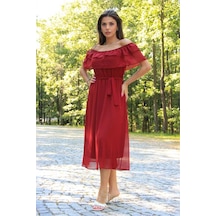 Neşeli Butik Kadın Bağlama Detaylı Madonna Yaka Yeni Sezon Şifon Elbise Nb8060 Bordo
