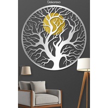 Hayat Ağacı Ve Güneş Metal Duvar Tablosu - Metal Duvar Sanatı - Gümüş - 30 X 30 Cm