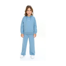 Toontoy Kids Toontoy Kız Çocuk 2'li Takım Kolu Baskılı Kapüşonlu Yırtmaçlı Sweatshirt & Beli Lastikli Bol Paça Eşofman Altı - 2 İplik Mavi