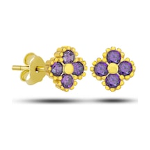 Gümüş Gold Yonca Çivili Mor Taşlı Çocuk Küpe Gold - Rose Gold