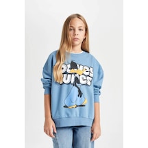 DeFacto Kız Çocuk Mavi Looney Tunes Oversize Geniş Kalıp Bisiklet Yaka Sweatshirt D2982A824AUBE88