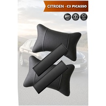 Citroen C3 Picasso Uyumlu Lüks Siyah Set Deri Yastık Deri Kemer Koruyucu