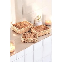 Doğal El Yapımı, Kare Bombeli Düzenleyici 3'lü Hasır Sepet - 32cm-28cm-24cm 3 Boy Set Açık Ahşap