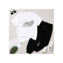 Herkesemoda Minimal Leaf Desenli T-shirt Eşofman Takımı Beyaz