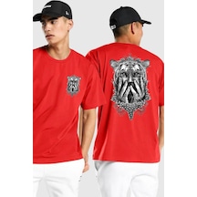 Yarım İnsan Yarım Leopar Mutant Leopar Kral Kırmızı Oversize Unisex Ön Ve Sırt Baskılı Tişört Kırmızı