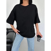 Kadın Düz T-shirt Kısa Kol Bisiklet Yaka Oversize Tişört - Siyah