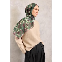 Silk Home Pamuk Polyester Eşarp Çimen Yeşili-fuşya Bej Siyah Botanik Desenli Soft Dokulu Tok Duruşlu 90x90 Çok Renkli