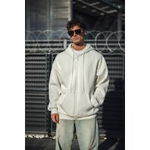 Erkek Tam Fermuarlı Cepli Kapüşonlu 3 İplik Pamuklu Hoodie Sweatshirt - Beyaz Beyaz