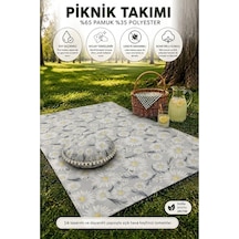 Piknik Matı Seti Gri Papatya Desenli Ponponlu Yuvarlak Yer Minderi Ve Su Geçirmez Piknik Örtüsü Çok Renkli