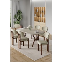 Canisa Radon Serisi Mdf 90x168 Sabit Traverten Mutfak Masa Takımı 6 Krem Sandalye Traverten Masa Krem Sandalye