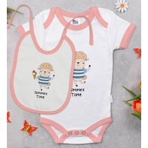 Bk Kids Summer Time Tasarımlı Pembe Bebek Body Zıbın Ve Mama Önlüğü Hediye Seti-1 Çok Renkli