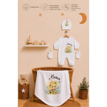 Pia Baby Yeni Doğan Erkek Bebek 4 Parça Hastane Çıkışı Seti %100 Pamuk Kişiye Özel İsimli Battaniyeli Tulum Set 2064bt0x Krem