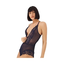 Cottonhill Lacivert Çıtçıtlı Dantelli Transparan Sırt Çapraz İpli Bodysuit Lacivert