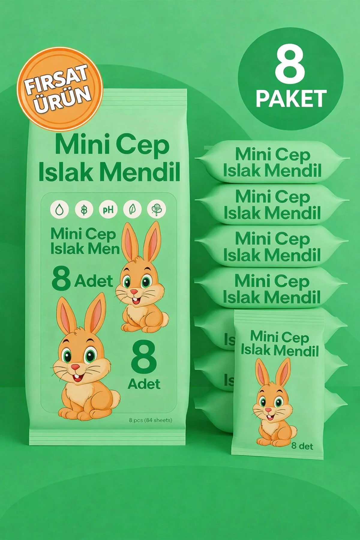 Mini Cep Islak Mendil 8'li Paket Aloe Veralı Alkol İçermez Yumuşak Dokulu Taşınabilir Yeşil 64 Adet