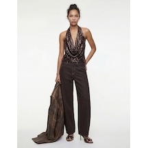 Koton Degaje Halter Yaka Pullu Payetli Crop Bluz Kahverengi 6wak60008fk Kahve