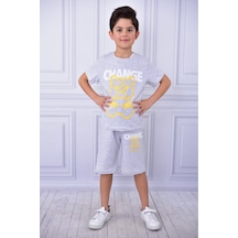 Veramoni Unisex Change Baskılı Çocuk Kısa Kol Yazlık Beli Lastikli Cepli Şort Alt Üst Takım Gri