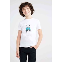 Tshirthane Panda Boxing Sketch Baskılı Unisex Çocuk Beyaz T-Shirt