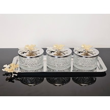 Atabey Home Collection 3'lü Kelebekli Gümüş Tepsili Kase Seti & Şekerlik & Sunumluk & Çerezlik