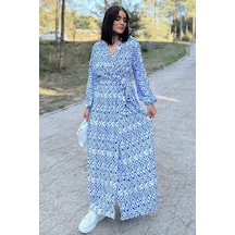 WeShaya Kadın Mavi & Beyaz Kruvaze Yaka, Yırtmaçlı, Beli Kuşaklı, Bilekleri Lastikli, Salaş, Uzun Elbise Mavi - Beyaz
