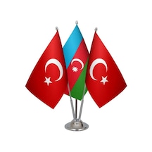 Masa Üstü Azerbaycan Bayrağı Türk Bayrağı Üçlü Krom Direk Masa Ba