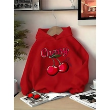 Kışlık Kapüşonlu Sweatshirt, Çocuk Cherry Baskılı Kırmızı