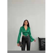 Saten Crop Bluz - Yeşil Renkli