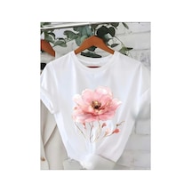 Herkesemoda Pembe Gül Baskı Detaylı Basic T-shirt Beyaz