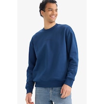 Defacto Boxy Fit Bisiklet Yaka İçi Yumuşak Tüylü Baskılı Sweatshirt X8282az25auın270 İndigo-ın270