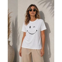 Efnaz Style Minimal Gülümseyen Yüz Baskılı Tişört Kısa Kol Yazlık T-shirt - Beyaz