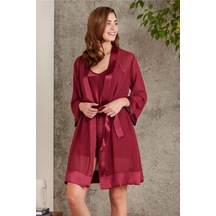 Pierre Cardin 7085 Kadın Bordo Gelin Set 4'lü Saten Sabahlık Gecelik Şortlu Takım Bordo