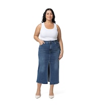 Disentis Büyük Beden Önden Yırtmaç Detaylı Beş Cepli Midi Denim Mavi Etek-mavi Mavi