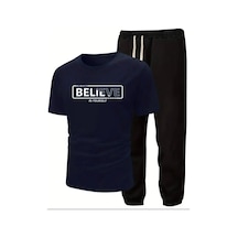 Medinenur Believe Yazı Baskılı T-shirt Eşofman Altı Jogger Rahat Kalıp Siyah Eşofman Takım Lacivert