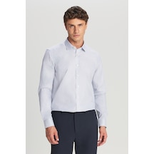 Erkek Mavı Beyaz Ütü Gerektirmeyen %100 Pamuk Slim Fit Klasik Yaka Armürlü Gömlek Mavı Beyaz