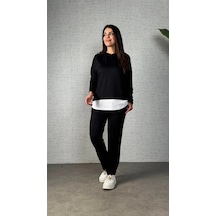 Defymoda Kadın Uzun Kollu Kapşonlu Bağcıklı Viskon Iki Iplik Bluz Ve Pantolon Ikili Takım Siyah