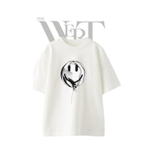 Thewert Smiley Balon Tasarım Baskılı Ünisex Beyaz Oversize T-shirt