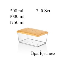 Bisküvi Kapaklı Saklama Kabı Seti, 500-1000-1750 Ml, 3'lü Bpa İçermez Çok Renkli