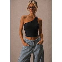Tarz Cool Kadın Tek Omuz Crop Atlet Esnek Slim Fit Süprem Kumaş Asimetrik Yaka Bluz Siyah