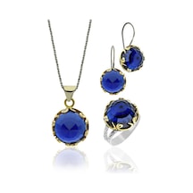 Safir Taşlı Vav Harfi Motifli Otantik Gümüş Kadın Set Rs10026