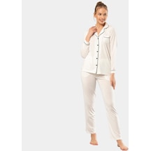 Türen Düz Uzun Kollu Gömlek Yaka Pijama Takım 3365/ekru 001