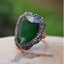 Stoneage Yeşil Kristal Ayarlanabilir Bayan  Yüzük Bronz