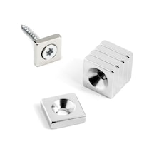 Dünya Magnet 5 Adet, Havşa Delikli, Neodyum Mıknatıs, 15x15x5 Mm, D:8/4 Mm, Köşeli, Güçlü Magnet, N35 Kalite