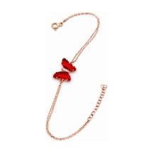 Çekirdekjewelry 925 Ayar Gümüş Rose Gold Kaplama Kırmızı Kelebek Detaylı Şık Bileklik Pembe