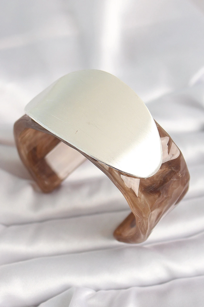 Dodes Dodes Kahverengi Mermer Desen Akrilik Plastik Gümüş Oval Plaka Model Vintage Kadın Bilezik Tg2 Çok Renkli