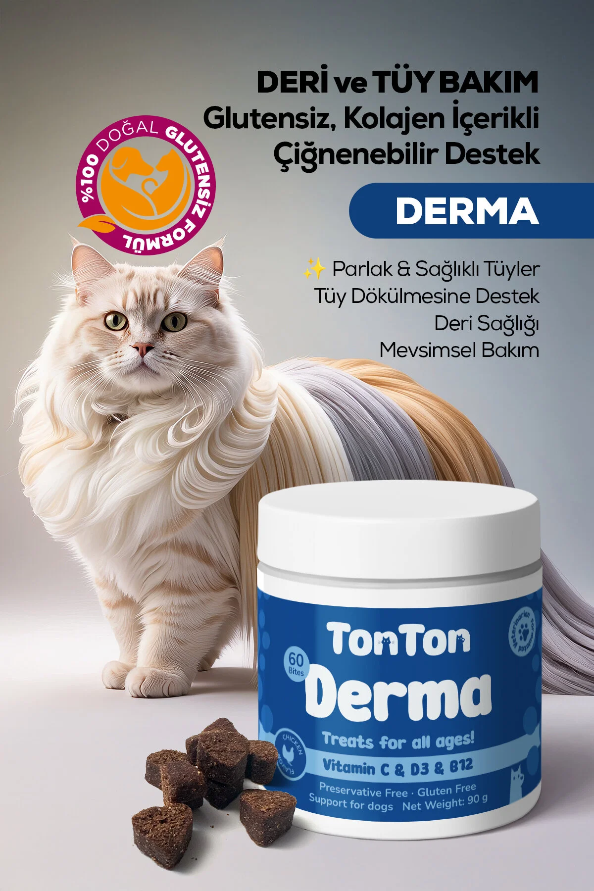 Kedi Köpek Tüy Dökülmesi Azaltıcı Tableti 60 Lı Glutensiz, Kolajen İçerikli Çiğnenebilir Destek