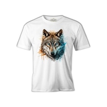 A Wolf With Blue And Yellow Paint Beyaz Erkek Tshirt 001