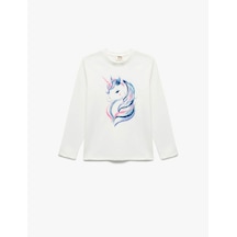 Koton Unicorn Baskılı Ekru Kız Çocuk Uzun Kollu T-shirt 7wkg10066ak