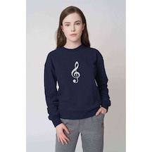 Sol Anahtarı Baskılı Indigo Mavi Kadın Sweatshirt (528287802)